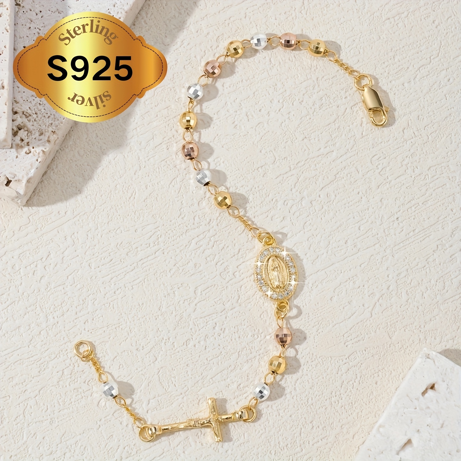 S925 Silver Virgin Mary Cross Rosary Bracelet